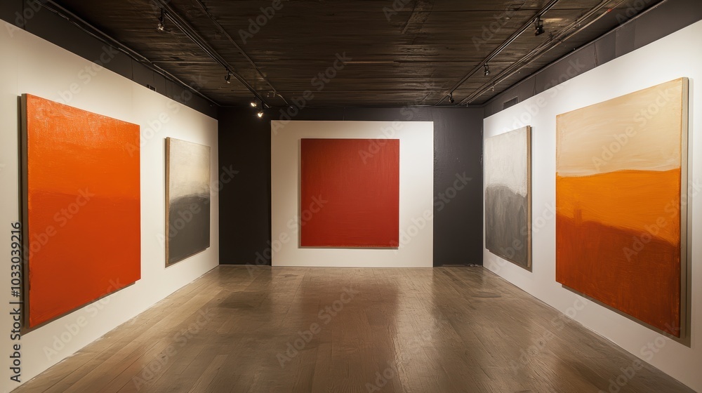 Four paintings on white walls, wooden floor. Four paintings on white walls, wooden floor.