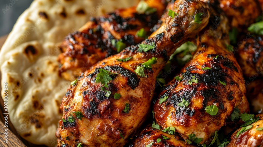 A close-up of tandoori chicken, with naan bread on the side, photographed with vibrant colors and textures that showcase the richness of the dish A close-up of tandoori chicken, with naan bread on the side, photographed with vibrant colors and textures that showcase the richness of the dish