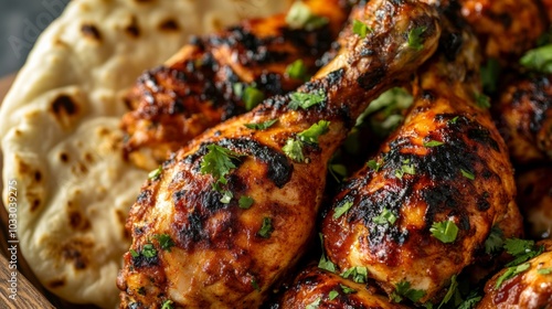 A close-up of tandoori chicken, with naan bread on the side, photographed with vibrant colors and textures that showcase the richness of the dish