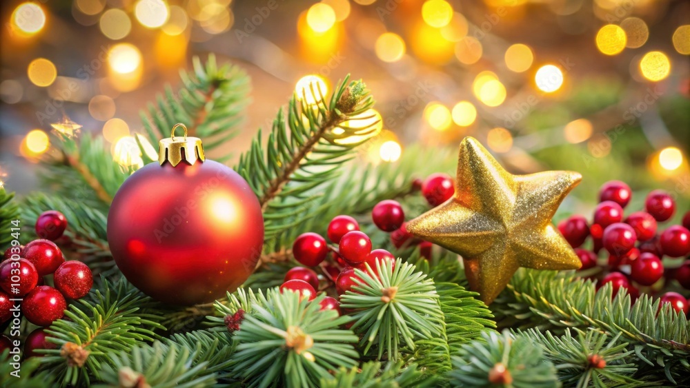 Fototapeta premium Close-up of Christmas tree ornaments with red bauble