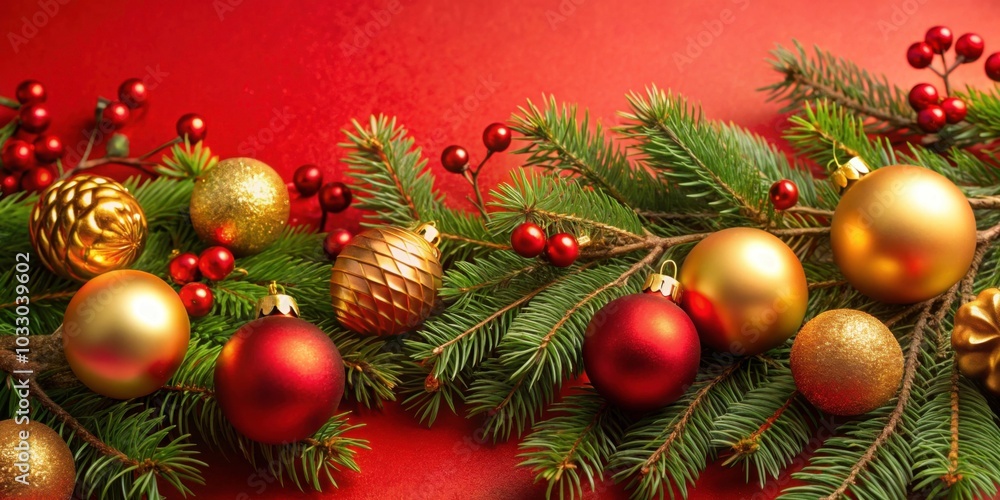 Festive Christmas decoration with gold and red ornaments, pine branches, and red background, Christmas, decoration, festive Festive Christmas decoration with gold and red ornaments, pine branches, and red background, Christmas, decoration, festive