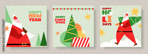 Santa Christmas  greeting card set, geometric, Christmas tree, toys, gift boxes, celebration banner, flyer, poster, vector illustration