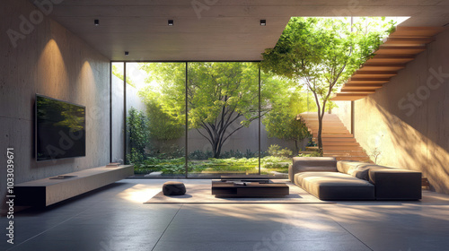 A living room with an open ceiling and walls