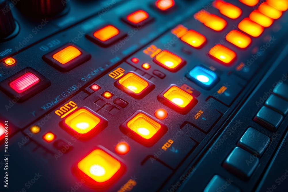 Close-up of a Music Synthesizer with Illuminated Buttons Close-up of a Music Synthesizer with Illuminated Buttons