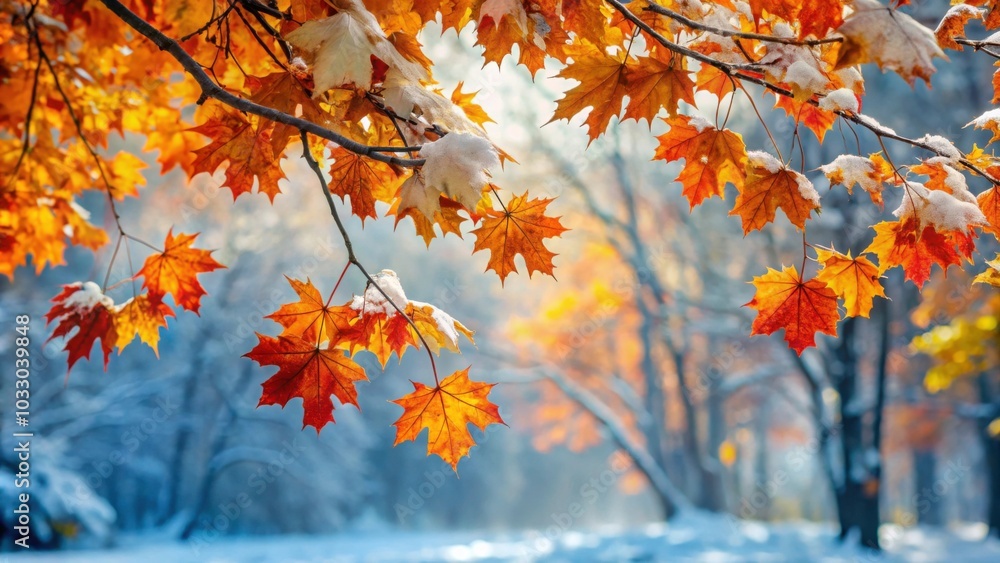 Beautiful autumn leaves contrast against bare branches with a snowy backdrop, autumn, leaves, branches, snow, winter, cold Beautiful autumn leaves contrast against bare branches with a snowy backdrop, autumn, leaves, branches, snow, winter, cold