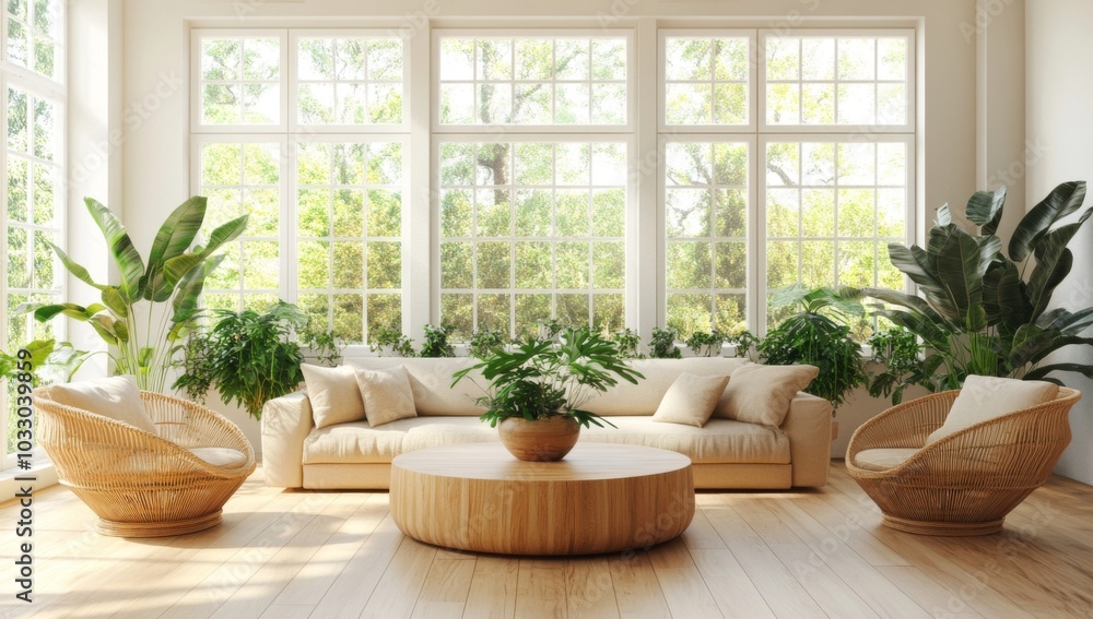 Modern living room with large windows, a beige sofa, two wicker chairs, a wooden coffee table, and potted plants. Modern living room with large windows, a beige sofa, two wicker chairs, a wooden coffee table, and potted plants.