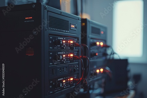 Close-up of a Black Audio Mixing Console with Red Indicator Lights