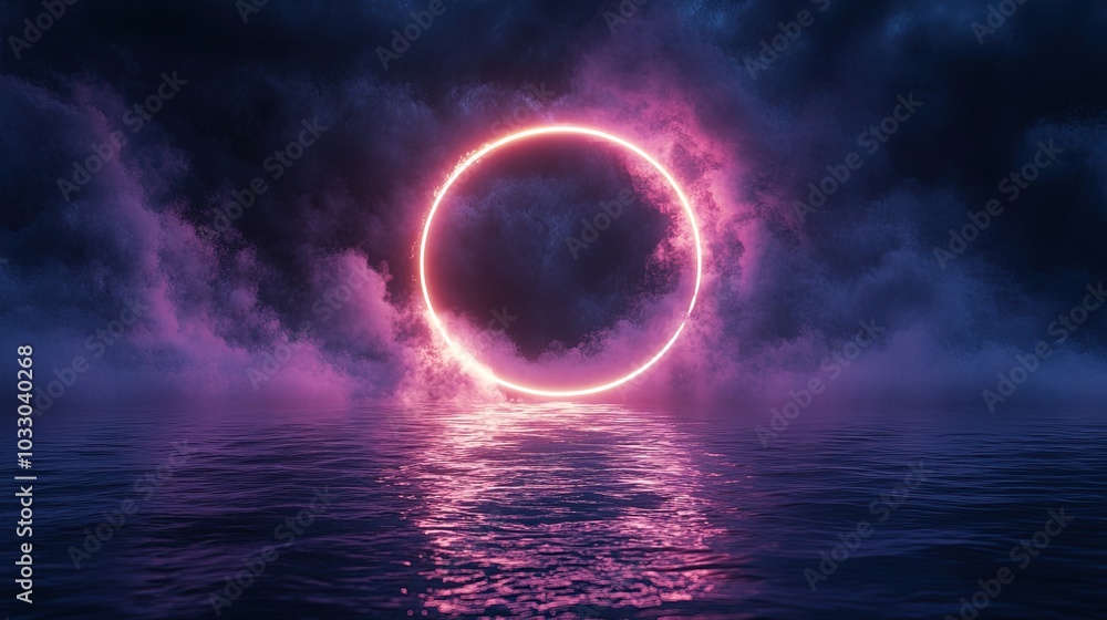 Dark neon background. Reflection of light circle on the water. Smoke fog. Light neon effect, energy waves on a dark abstract background. Laser neon show. Smoke, fog. Dark neon background. Reflection of light circle on the water. Smoke fog. Light neon effect, energy waves on a dark abstract background. Laser neon show. Smoke, fog.