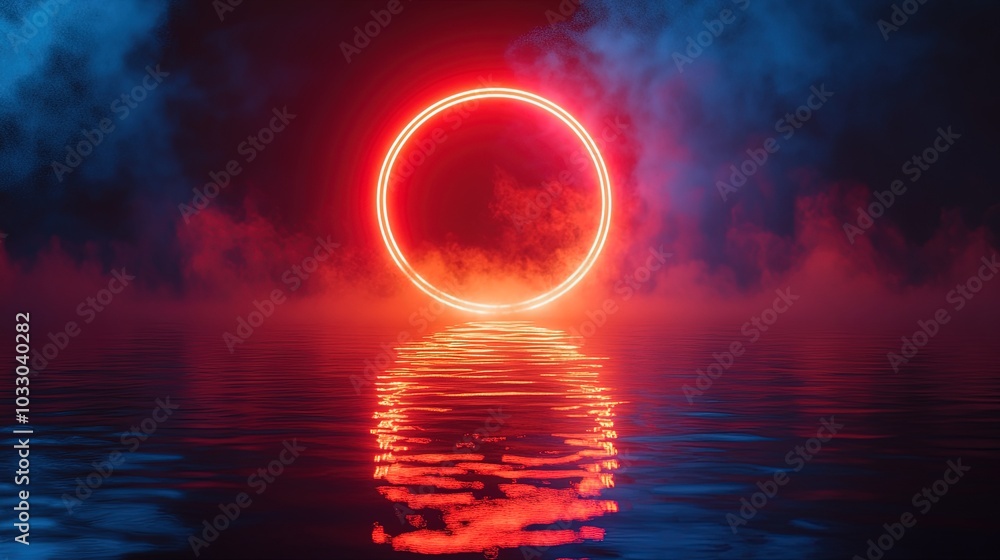 Dark neon background. Reflection of light circle on the water. Smoke fog. Light neon effect, energy waves on a dark abstract background. Laser neon show. Smoke, fog. Dark neon background. Reflection of light circle on the water. Smoke fog. Light neon effect, energy waves on a dark abstract background. Laser neon show. Smoke, fog.