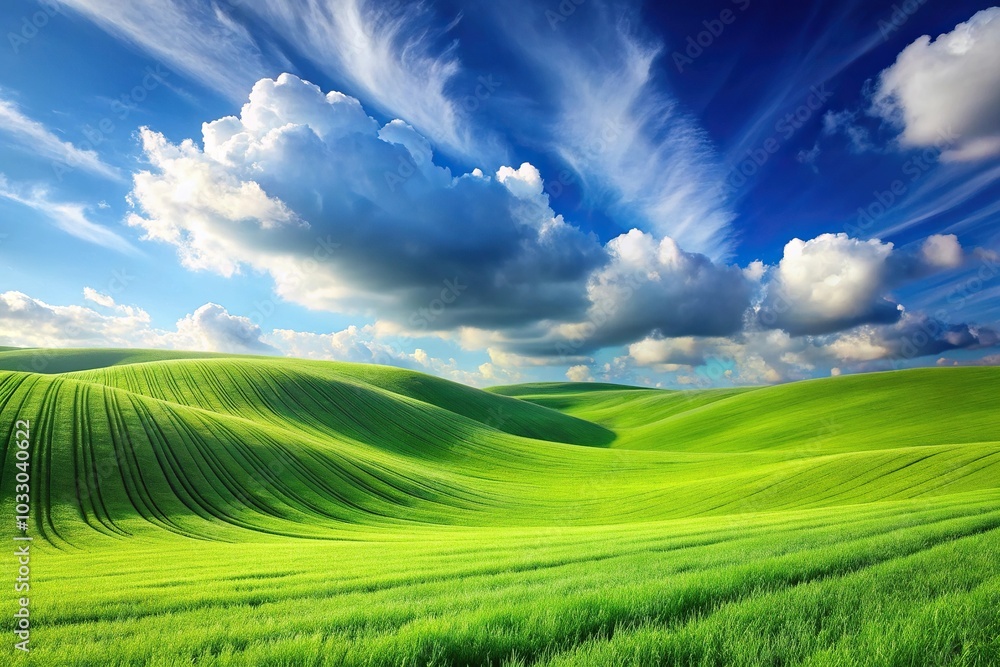 Idyllic green field and blue sky with clouds Idyllic green field and blue sky with clouds