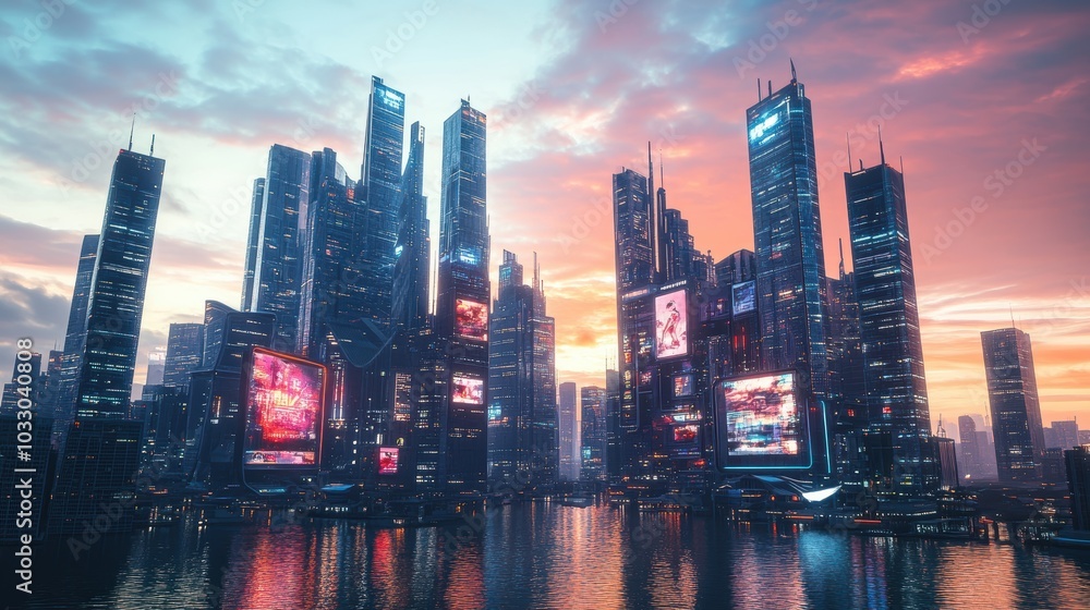 Obraz premium Neon-lit cityscape reflecting in water at sunset.