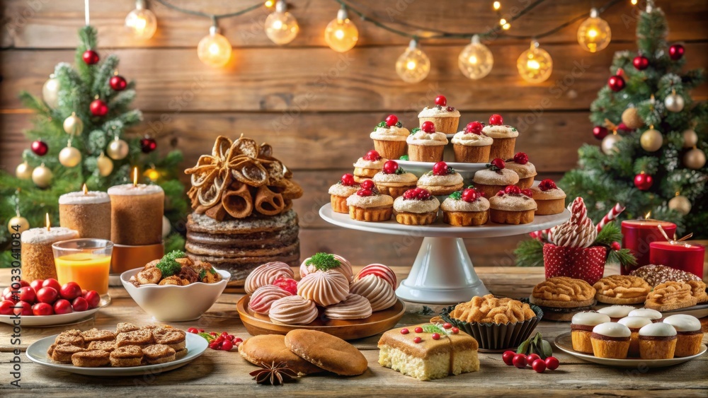 Festive holiday dessert table with an assortment of baked goods and candies , Christmas, sweets, treats, cookies Festive holiday dessert table with an assortment of baked goods and candies , Christmas, sweets, treats, cookies