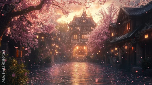 A fairytale castle courtyard bathed in golden light at sunset, surrounded by pink cherry blossom trees, petals gently falling to the ground