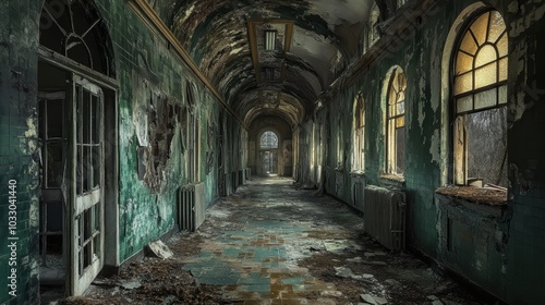 A decaying hallway with windows and a door.