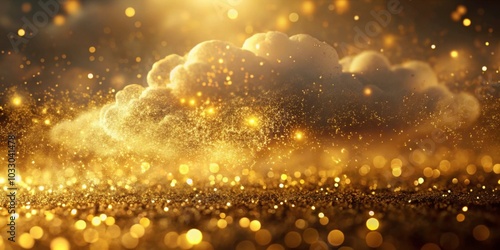 Gold particles glisten in the air, creating a mesmerizing cloud with depth of field and bokeh effects , gold, particles photo