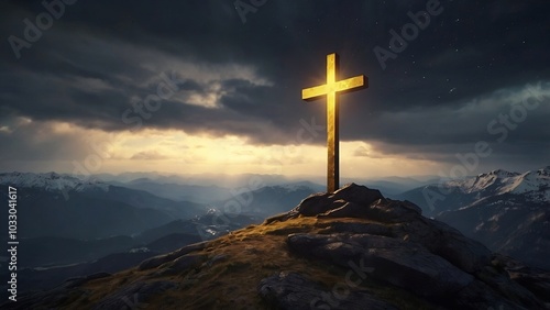 A shining golden holy cross on a top of a mountain, symbolizing Jesus Christ moments and spreading Christmas blessings. Perfect for religious and holiday-themed visuals.