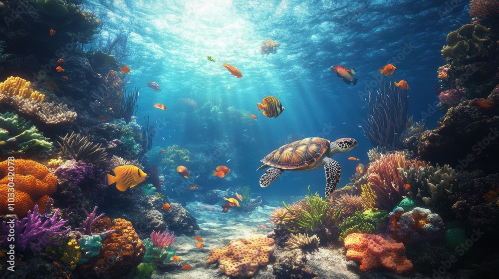 Fototapeta premium Colorful coral reef with sea turtle and fish.