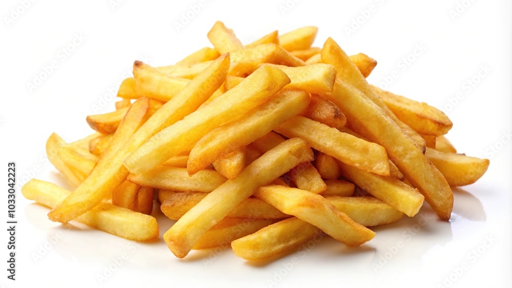 Low angle view of potato fries isolated on white background Low angle view of potato fries isolated on white background
