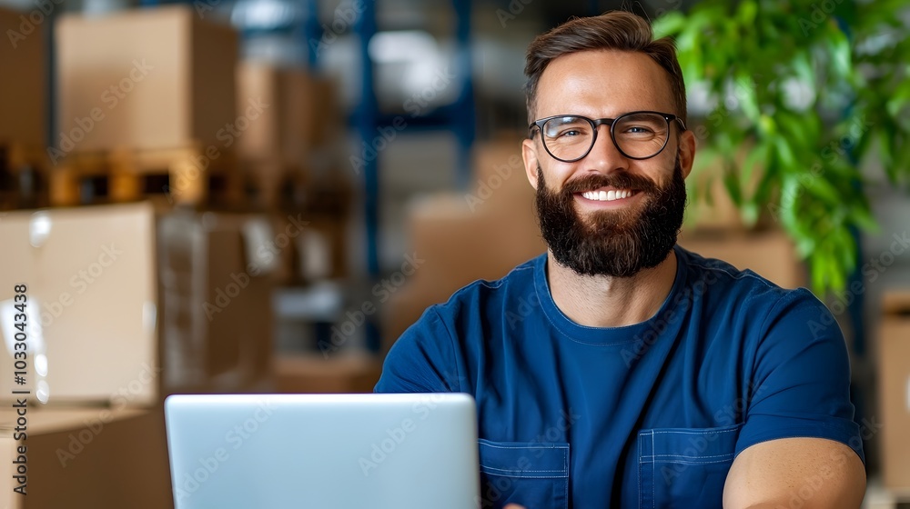 Fototapeta premium Confident engineer wearing a blue jumpsuit and holding a laptop while standing in a spacious modern warehouse facility filled with industrial machinery and equipment