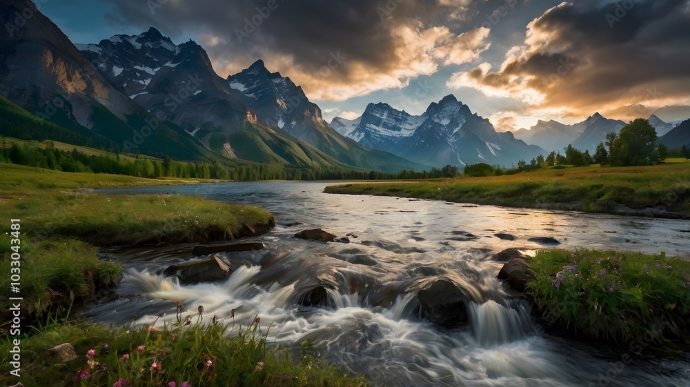 Stunning Sunset Over a Calm River Surrounded by Majestic Mountains