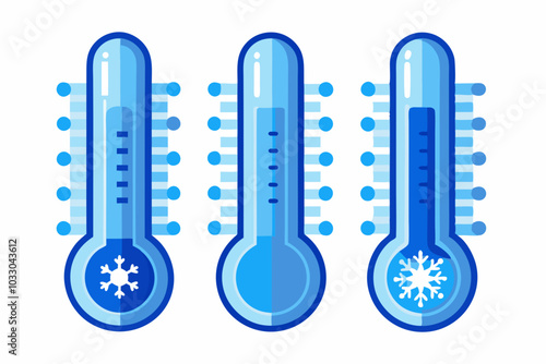 Set of three transparent blue thermometers with different levels