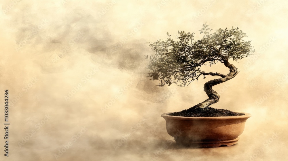 Serene Bonsai Tree in Soft Brown Background Serene Bonsai Tree in Soft Brown Background