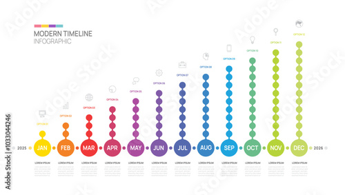 Business timeline infographic Circle Point step template. 2025 milestone element timeline chart diagram calendar, vector.