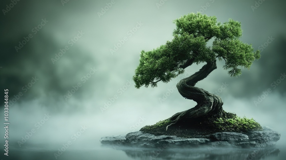 Serene Bonsai Tree in Misty Landscape Serene Bonsai Tree in Misty Landscape