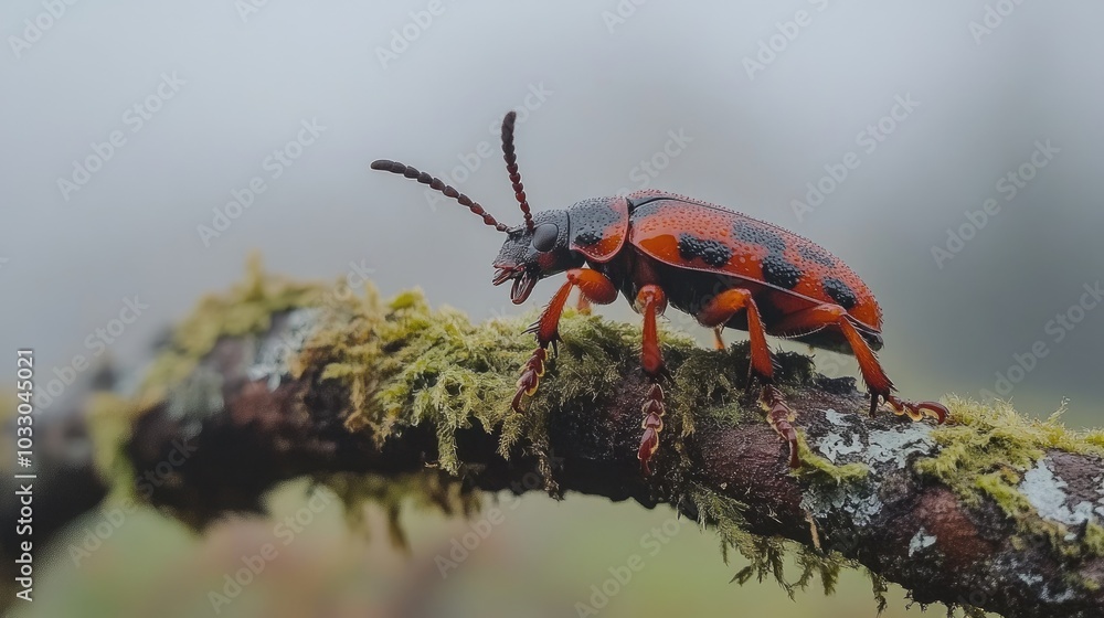 Vibrant Beetle on Mossy Branch in Natural Habitat Vibrant Beetle on Mossy Branch in Natural Habitat