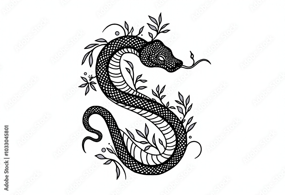 Obraz premium Stylized Floral Accents in a High Contrast Black Snake Illustration: A Unique Coiled Serpent Design for Tattoo and Graphic Art Enthusiasts