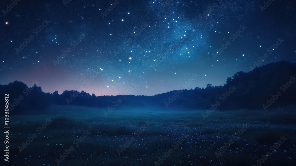 Night sky filled with stars above forest and field. Night sky filled with stars above forest and field.
