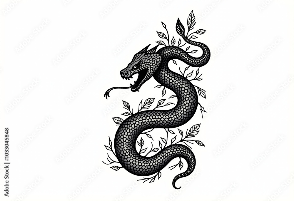 Obraz premium Intricate Coiled Serpent Illustration: Black and White Graphic Art Featuring Detailed Scales, Forked Tongue, and Botanical Accents