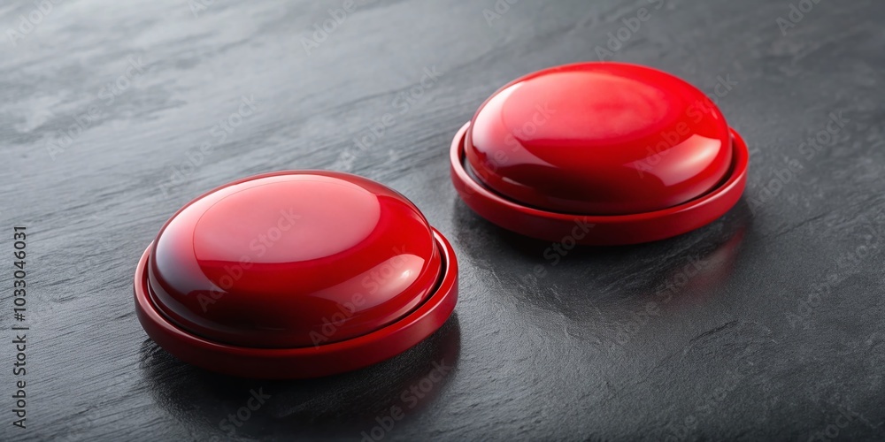 Aerial View of Two Bright Red Buttons on a Modern Surface for Unique Stock Photography