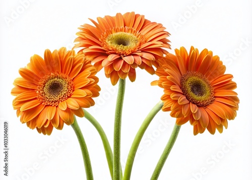 Aerial View of Three Vertical Orange Gerbera Flowers with Long Stems Isolated on White Background for Floral