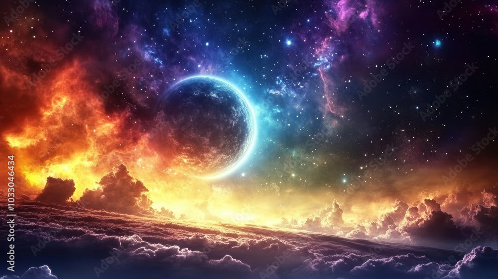 Celestial landscape with a planet and stars. Celestial landscape with a planet and stars.
