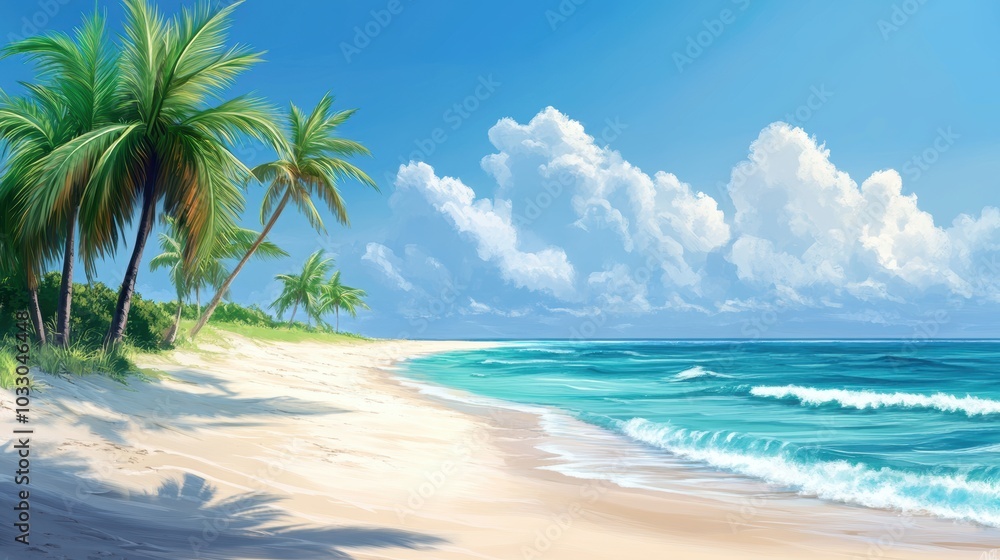 Tropical beach with palm trees and blue water. Tropical beach with palm trees and blue water.