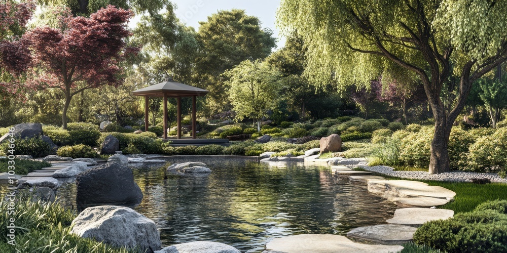 Naklejka premium Peaceful garden with a pond and a gazebo.