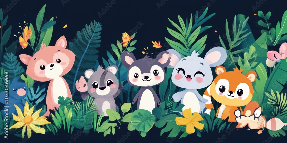 Naklejka premium Cute cartoon animals in a jungle.