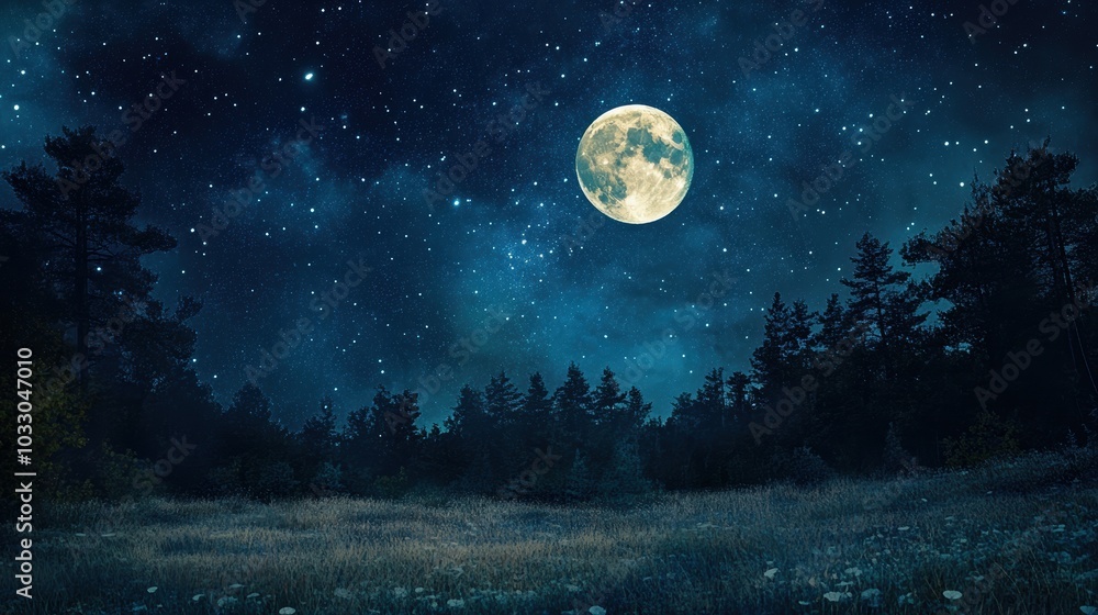 Fototapeta premium Silhouetted trees under a full moon and starry sky.