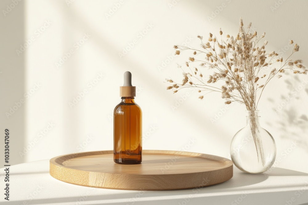 Amber glass dropper bottle on a wooden tray with dried flowers in a glass vase, set against a white background with natural light.