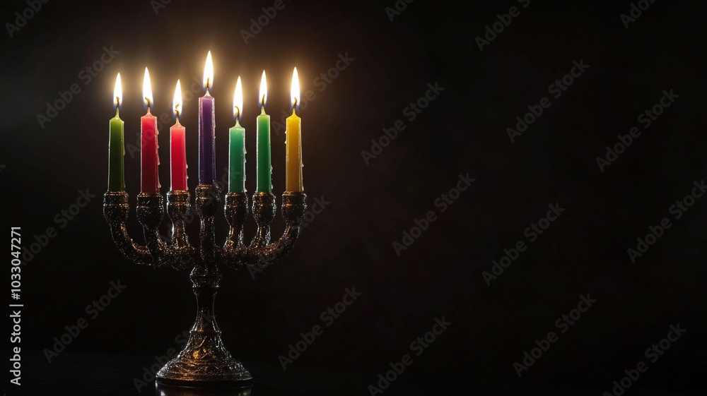 Fototapeta premium A traditional Kwanzaa kinara holds colorful candles in vibrant hues, each candle aglow