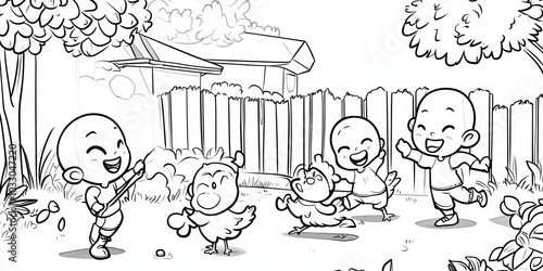 Three kids playing in a backyard with a chicken.