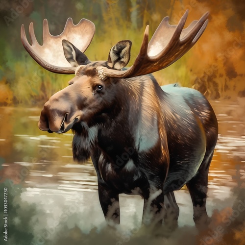 Moose in the water, digital painting of a bull elk photo