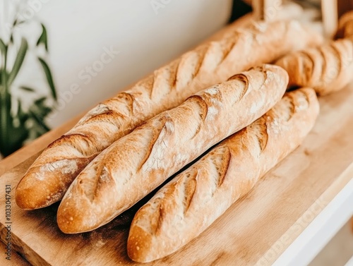 Freshly baked rustic baguettes on wooden cutting board in cozy setting photo