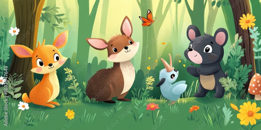 Fototapeta premium Cute animals in a green forest.