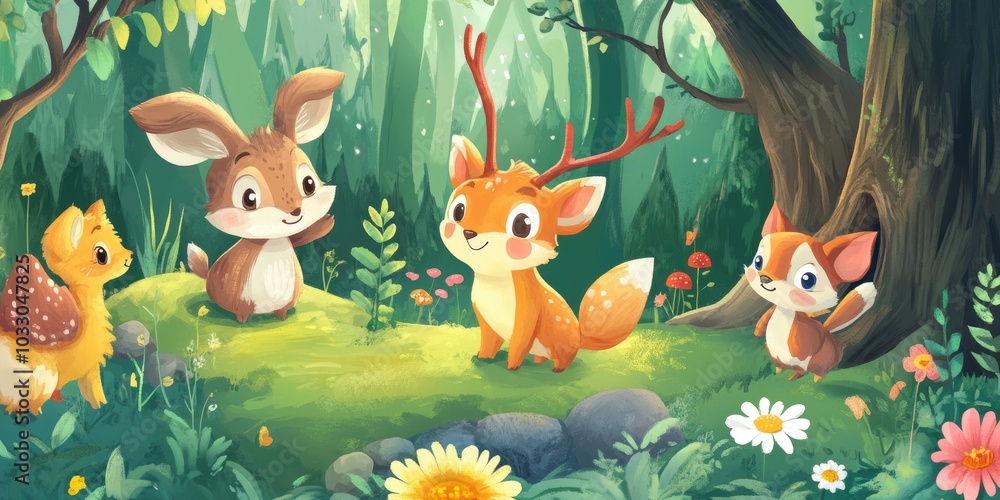 Naklejka premium Cute animals in a forest clearing.