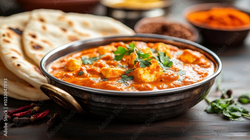 A detailed close-up of a paneer curry with naan, garnished with coriander and surrounded by colorful spices, in an inviting restaurant setting A detailed close-up of a paneer curry with naan, garnished with coriander and surrounded by colorful spices, in an inviting restaurant setting