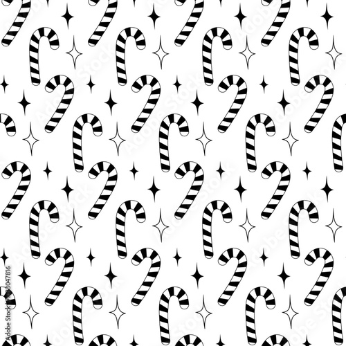 Candy Cane and decorative stars Seamless pattern Hand drawn doodle illustration in trendy minimalism