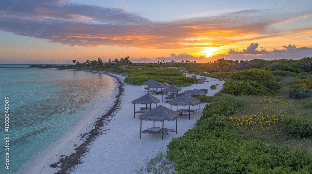 Serene Beach Sunset with Palapas by the Shore Serene Beach Sunset with Palapas by the Shore