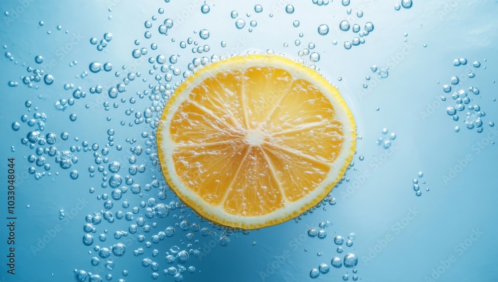 A single lemon slice floating in a blue liquid with air bubbles. A single lemon slice floating in a blue liquid with air bubbles.